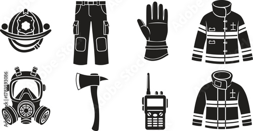 Firefighter Gear and Equipment Black Silhouette Illustration Vector Design Template