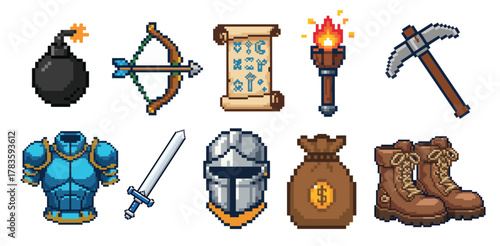 Pixel Art RPG Game Items Set — Weapons, Armor, Tools, and Treasure Icons
