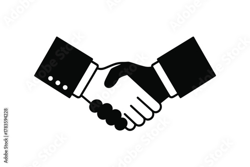 Two hands shaking in agreement and partnership on a white background.