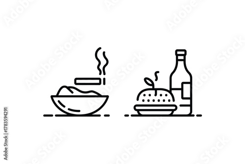 Iconic depiction of food and drink alongside a smoking cigarette, representing unhealthy lifestyle choices.