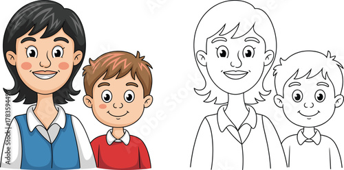 Happy Cartoon Mother and Son Portrait Vector Illustration, Cute Family Picture, Mom and Child Characters, Coloring Book Page