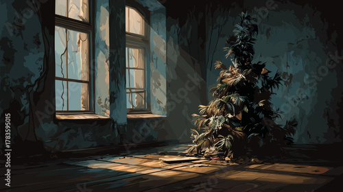Withered Christmas tree in an abandoned room. Symbol of a lost holiday. Vector Illustration