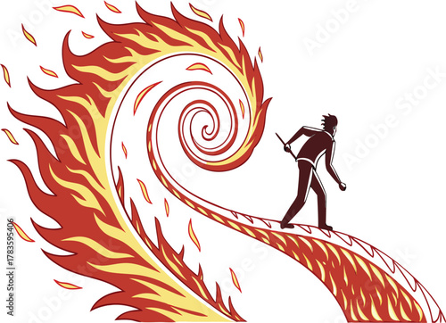Silhouette figure walking on a fiery path with a spiral of flames behind him