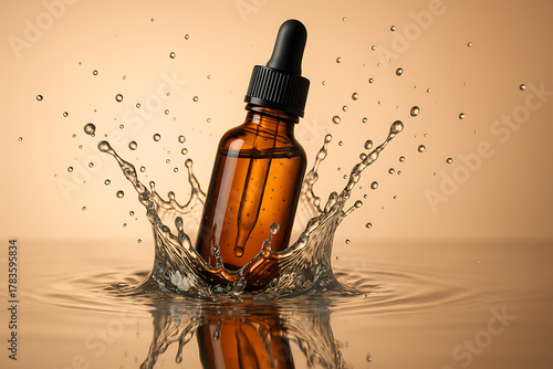 Amber glass dropper bottle splashing into clear water, skincare serum and essential oil product concept, cosmetic packaging design with dynamic liquid motion, clean beauty and natural wellness product