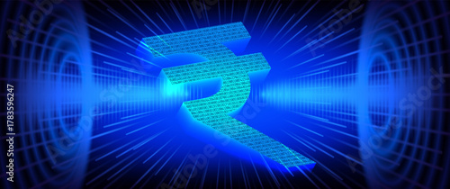 Vector 3D volumetric digital symbol of Indian rupee. Virtual bank of India. Abstract technological futuristic glowing blue banner. Laser beams. State cryptocurrency, electronic money