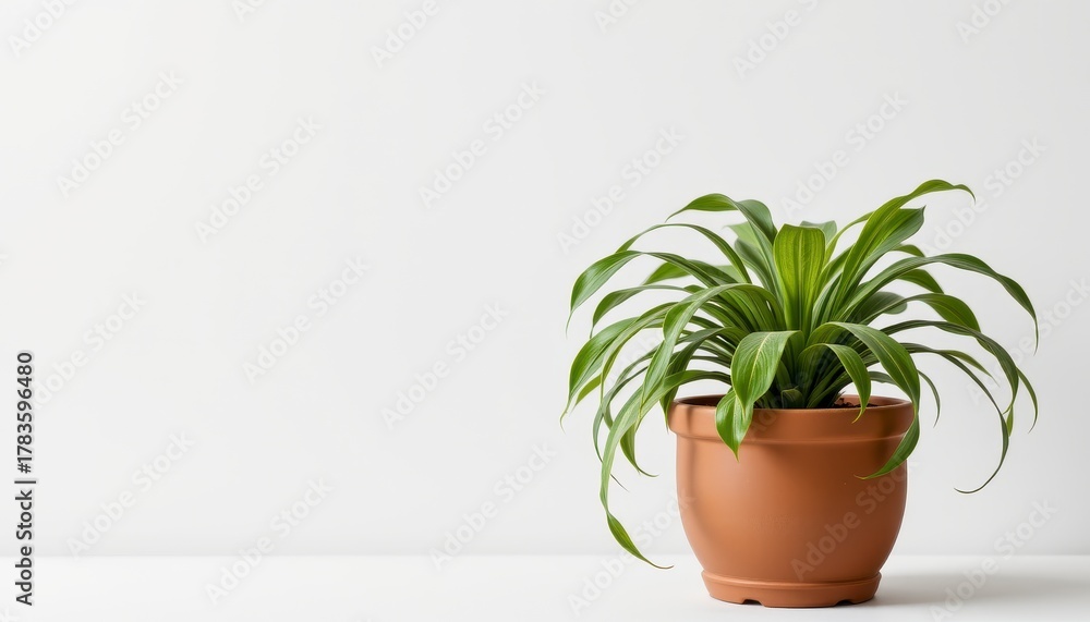 Fototapeta premium Lush Green Plant in Terra Cotta Pot Against Minimalist White Background for Modern Decor