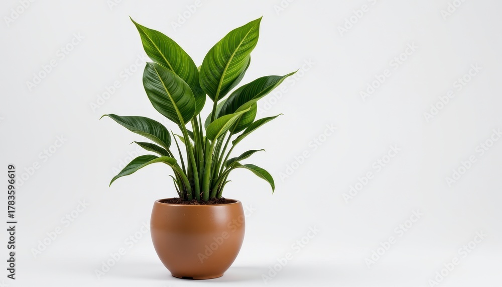 Fototapeta premium Green Leafy Plant in Brown Pot Isolated on White Background for Home and Office Decor
