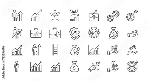 Modern thin line icon set illustrating success and growth, featuring business, personal, and financial development concepts like upward trends, rising charts, money bags, targets, and career