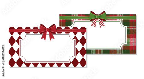 Two festive Christmas frames with bow accents, featuring bold red harlequin and cozy plaid patterns, perfect for holiday cards, printable tags, and festive decorations, isolated on white background