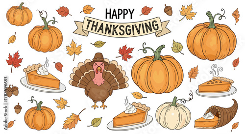 Whimsical Hand-Drawn Thanksgiving Poster Template Featuring a Cute Turkey, Pumpkins, Pumpkin Pie Slices, Cornucopia, and Autumn Leaves in a Doodle Style, Perfect for Holiday Menus, Invitations, and