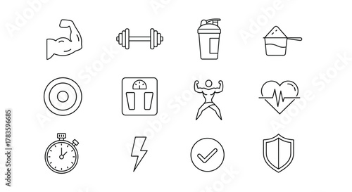 Set of clean line icons representing fitness and health: bicep muscle, dumbbell, protein shaker, scoop of powder, weight plate, scale, bodybuilder, heart rate, stopwatch, lightning bolt, checkmark