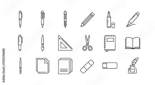 A collection of clean, minimalist line art icons representing various writing and drawing tools, including pens, pencils, markers, paintbrushes, scissors, rulers, erasers, notebooks, open books, and