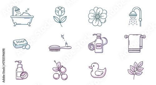 A delightful collection of vector cartoon illustrations featuring bathing essentials and nature elements, perfect for web design, landing pages, and lifestyle content. Includes a bathtub with