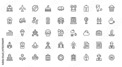 A comprehensive collection of 49 minimalist linear icons presented on a clean white background, featuring diverse themes such as food, travel, business, and lifestyle, perfect for digital and print