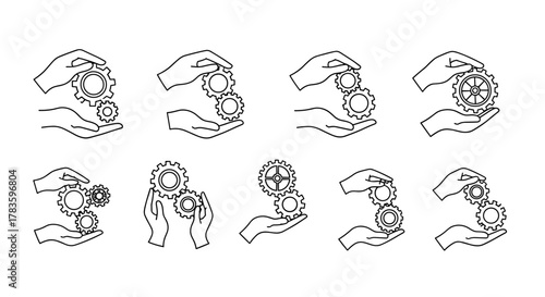 Set of eight thin line icon illustrations depicting hands holding and interacting with gears or cogwheels, symbolizing teamwork, mechanics, and industry. These versatile vector graphics are perfect
