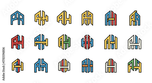 Set of 18 Monogram Logo Designs Featuring the Letters 'A' and 'H' in Various Color Combinations and Geometric Styles, Presented as Clean Vector Illustrations on a White Background, Ideal for Branding