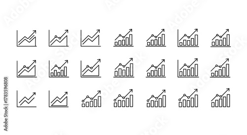 A collection of minimalist line icons representing growth and progress, featuring various styles of bar graphs, line charts, and ascending arrows on a clean white background, ideal for business and