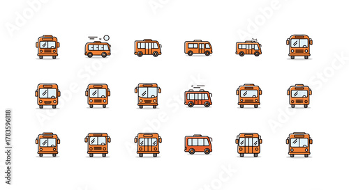 Collection of vibrant, minimalistic orange bus icons in a filled color style, featuring linear pictograms perfect for web design, graphic design, mobile applications, banners, social networks, and