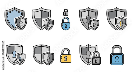 Collection of stylized shield and padlock icons, symbolizing security, protection, and privacy. Featuring a variety of designs including layered shields with keyholes, single shields, and standalone
