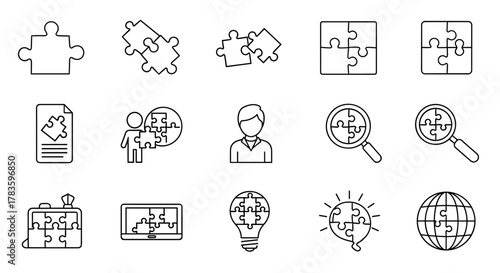 A comprehensive collection of line art puzzle icons, featuring individual pieces, connected segments, and thematic representations like a person, document, laptop, lightbulb, and globe, all with