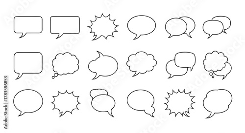 Collection of diverse outline speech bubbles and thought bubbles, perfect for graphic and web design, apps, adverts, and various cards. This vector cartoon illustration features a white background