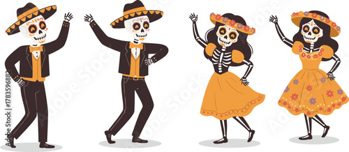 Day of the Dead, Mexican skeletons, sugar skulls, dancing characters,  floral dress, sombrero, skeleton dance, joyful, animated, illustration