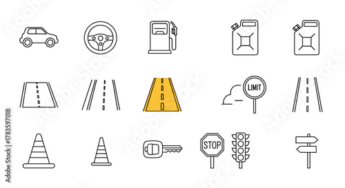 Comprehensive Car and Road Icon Bundle: A Vector Collection Featuring Outline Graphics for Gas Stations, Traffic Signs, Vehicles, and Roadways, Ideal for Web Design, Apps, and Advertisements.