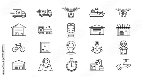 Comprehensive Delivery and Transportation Line Icon Bundle: A collection of outline signs perfect for graphic design, web design, app development, advertisements, and various card applications