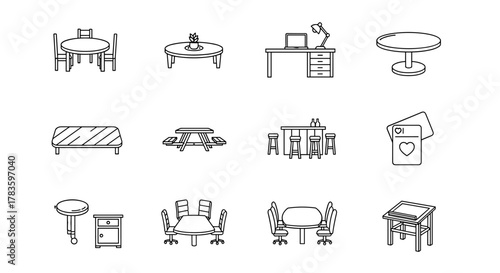 Collection of table and chair line icons, including dining tables, office desks, bar stools, picnic tables, and card game illustrations. This set features clean, minimalist outlines perfect for