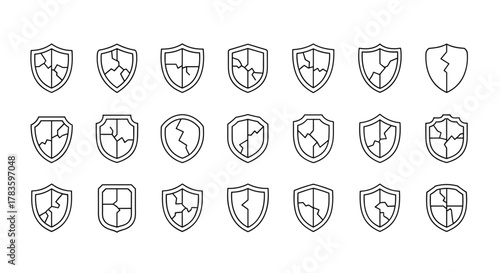Collection of cracked shield line icons, vector cartoon illustrations with thin lines on a white background, representing vulnerability, damage, or broken protection, ideal for security or defense