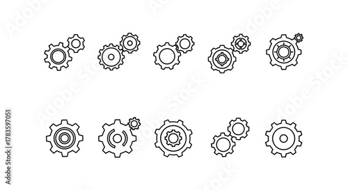 Set of ten different gear and cogwheel line icons, presented as a bundle. These outline signs are perfect for graphic and web design, apps, adverts, and various cards, offering a clean vector cartoon