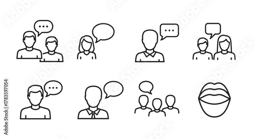Set of faceless people talking with speech bubbles, represented as outline line icons on a white background, symbolizing communication, conversation, and social interaction in a clean, modern vector