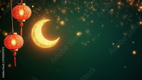 Crescent Moon and Lanterns with Golden Lights. Ramadan or Festive Night Background Video