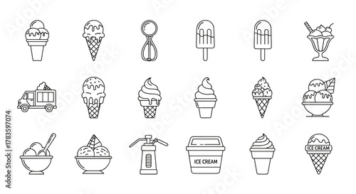 A diverse collection of 18 ice cream-related icons, featuring cones, cups, popsicles, a truck, and an ice cream scoop, all rendered in a clean, editable stroke style, perfect for web, books, cards