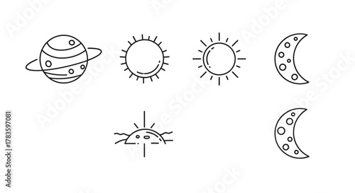 Cosmos thin line icon set featuring a planet with rings and moons, two sun icons representing day and sunrise, and two crescent moon icons, perfect for graphic and web design, apps, adverts, and