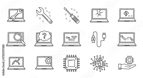 Set of 15 minimalistic line icons representing laptop repair, diagnostics, and technology. Includes icons for wrench, screwdriver, broken screen, search, question mark, data flow, USB cable, circuit
