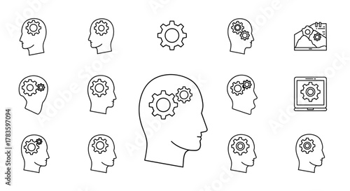 Set of line icons representing gears inside human heads, symbolizing thought processes, ideas, and mechanical thinking, isolated on a white background. Includes a single gear icon and a laptop with a