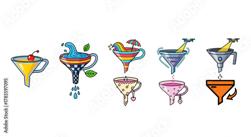 Collection of stylized funnels, each with unique colorful designs and elements like cherries, water, rainbows, drones, and hearts, presented as a set of vector cartoon illustrations on a clean white