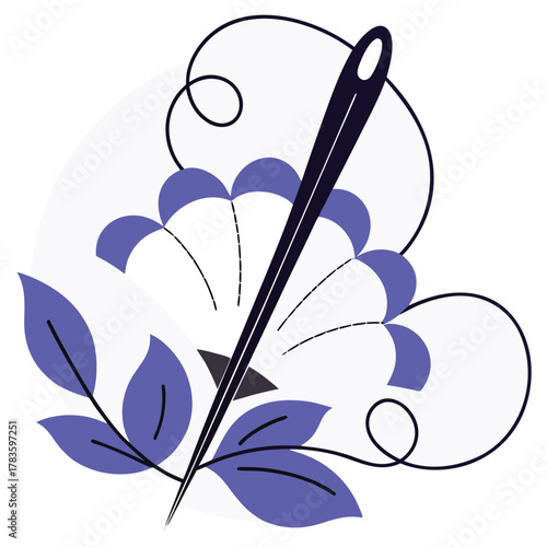 Stylized wreath of wildflowers with sewing elements