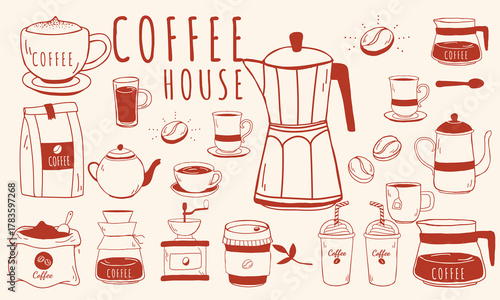 Hand drawn coffee chalk vector illustrations. Minimalist line art. Vector illustration of coffee icons crayon drawing style. Illustration for invitations, menus design, social media. La dolce vita