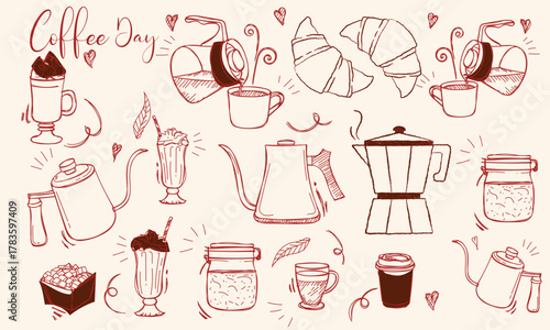 Hand drawn coffee chalk vector illustrations. Minimalist line art. Vector illustration of coffee icons crayon drawing style. Illustration for invitations, menus design, social media. La dolce vita