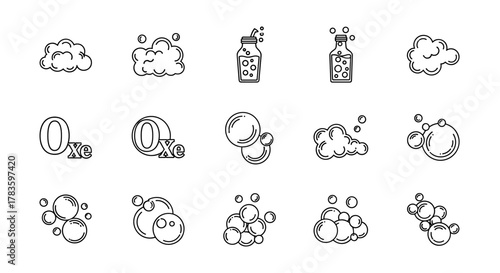 Set of line icons representing bubbles, soap foam, fizzy drinks, and oxygen bubbles, showcasing an effervescent effect with editable strokes, isolated on a white background, featuring linear vector
