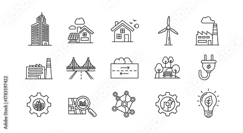City development line icons, urban planning, smart city infrastructure, editable stroke icons, ordered line icon set on white background, representing buildings, solar panels, wind turbines