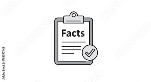 Vector illustration of a clipboard with the word "Facts" written on it, accompanied by a checkmark in a circle, symbolizing verified information, critical thinking, and decision-making processes in a