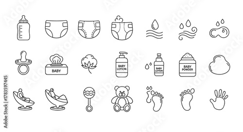 Collection of line icons representing baby care essentials, including diapers with absorbent and breathable features, baby pants, a feeding bottle, pacifier, baby wipes, cotton, baby lotion, baby