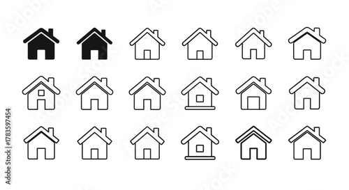 Collection of simple house icons for websites and applications, featuring a main page pictogram in filled, thin line, outline, and stroke styles, representing real estate and home symbols for digital