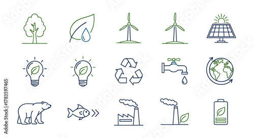 Vibrant line icon set illustrating environmental themes, including nature, wildlife, renewable energy sources like solar panels and wind turbines, and sustainability concepts such as recycling and
