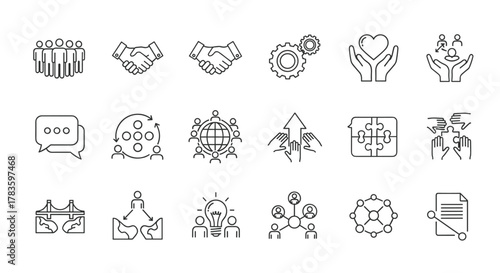 Collection of modern outline icons representing society, teamwork, cooperation, and business concepts. Includes handshake, gears, people groups, puzzle pieces, lightbulb idea, and global connection