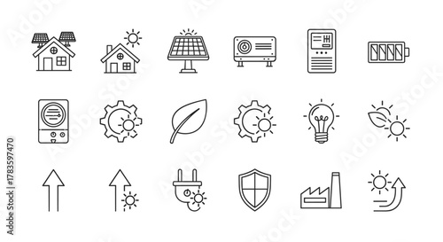 Solar energy line editable icons set vector illustration photovoltaic home system symbols panel roof inverter battery storage eco power concept clean renewable electricity technology and sustainable