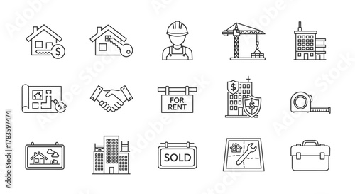 Real Estate and Construction Line Icons Set: A comprehensive collection of outline icons representing the purchase and sale of housing, featuring elements like a builder, crane, rental signs